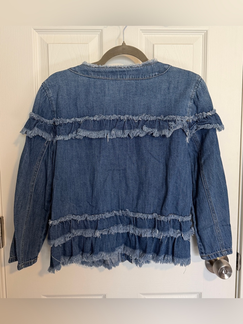 Kensie Jean Frayed Ruffle Denim Jacket Boho Western Layering Piece Size L - Picture 9 of 9